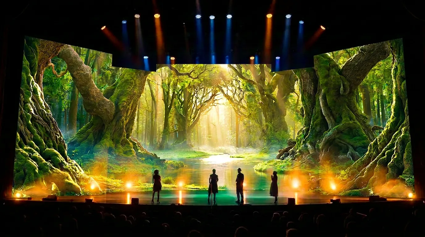 Stage with performers standing before a large LED screen projecting a mystical enchanted forest with moss-covered trees, sunbeams, and a central stream — digital scenery for live productions
