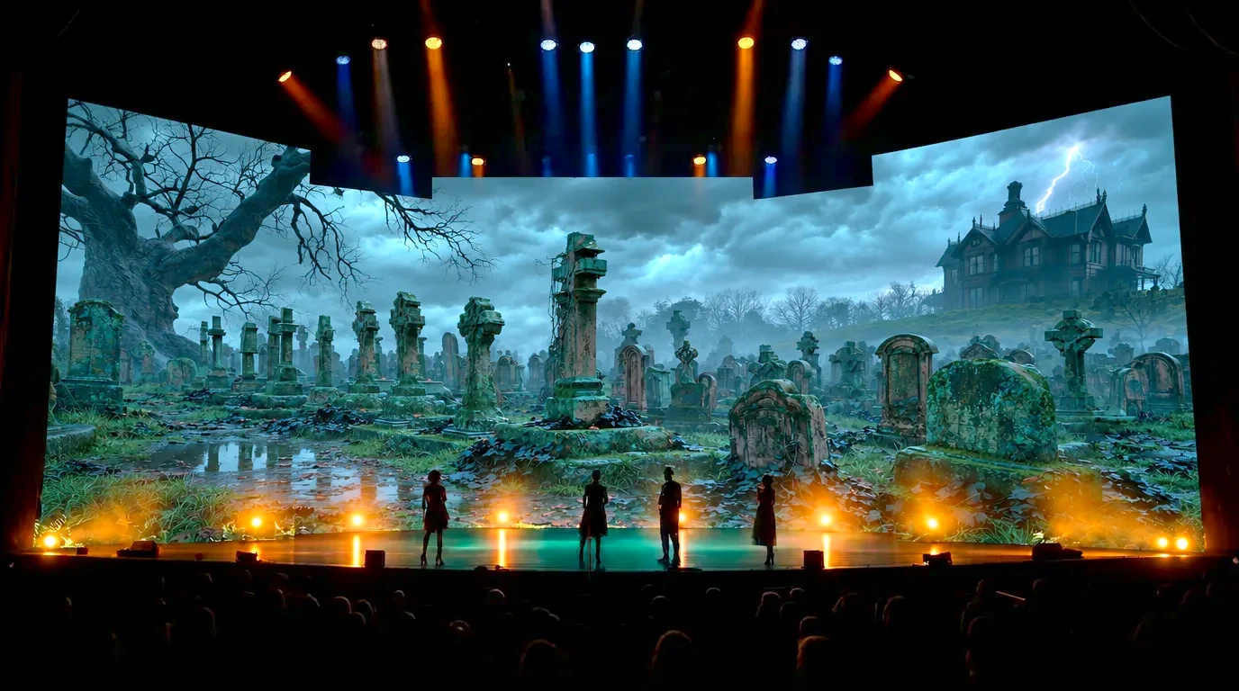 Stage with performers standing before a large LED screen projecting a haunted graveyard with weathered tombstones, a twisted bare tree, and a lightning storm over a Victorian mansion - digital scenery for live productions